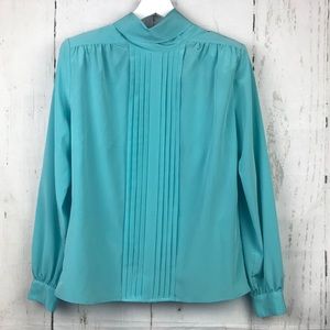Vtg Caren Charles Turquoise High Neck Tie Blouse